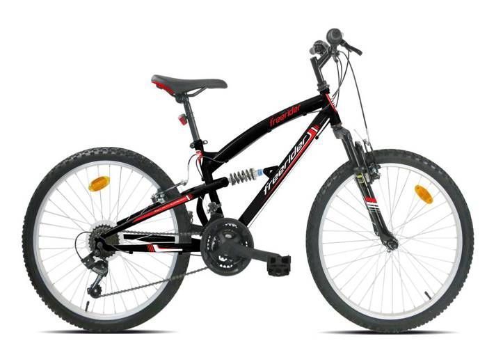 Vélo VTT 24'' Tout Suspendu équipé de 18 vitesses via un dérailleur Shimano, de Freins V-Brake et de Jantes en Aluminium,