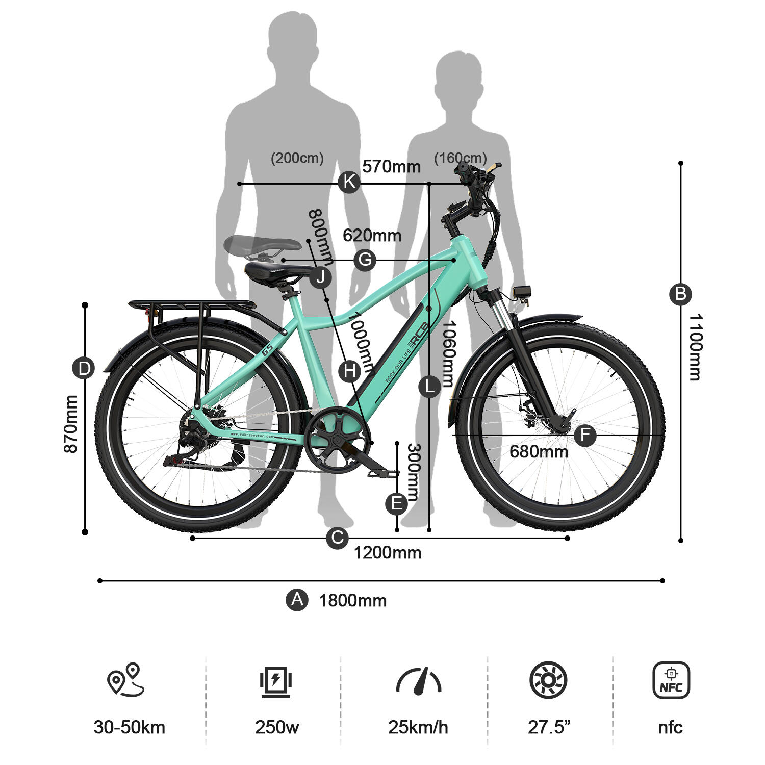 Vélo électrique E-Bike, Adulte RCB-G5, 27,5 pouces, capteur de couple, APP & NFC – Image 4